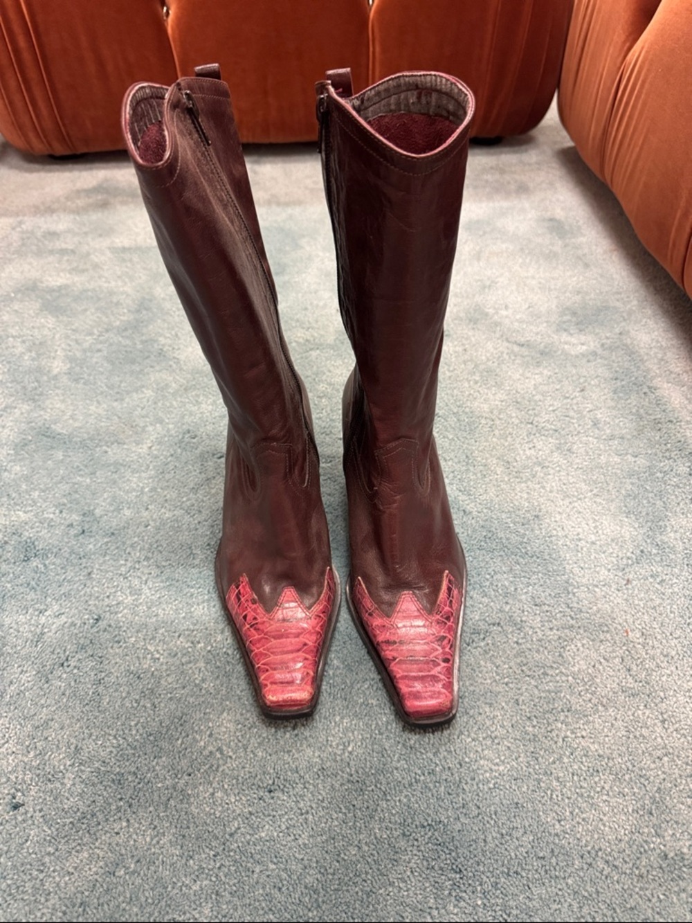 Women's Tall Burgundy Leather Western Boots with Pink Toe Accents